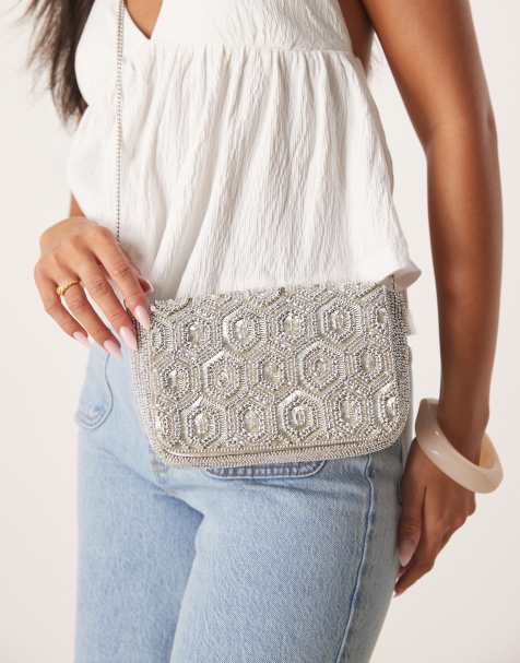 Accessorize hexagon beaded foldover clutch in silver - view 1