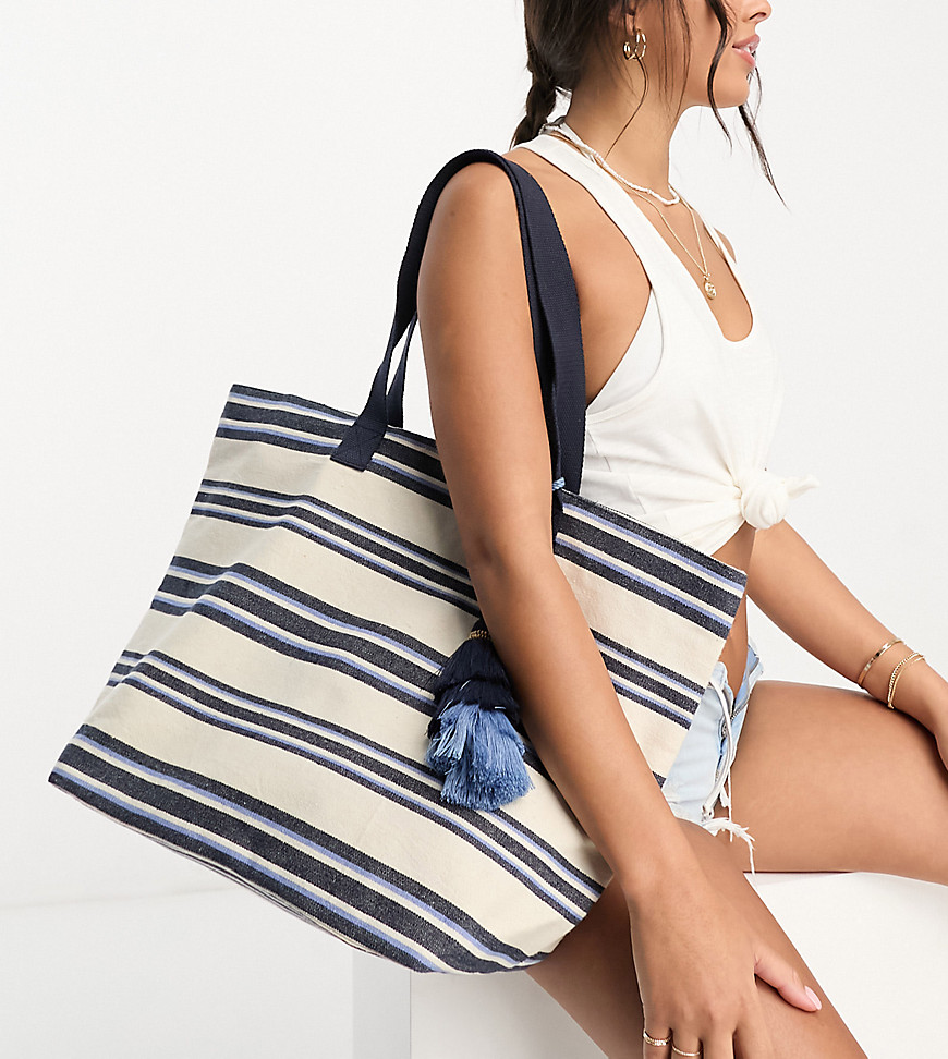 Accessorize horizontal stripe tote bag with tassels in cream and navy-Multi