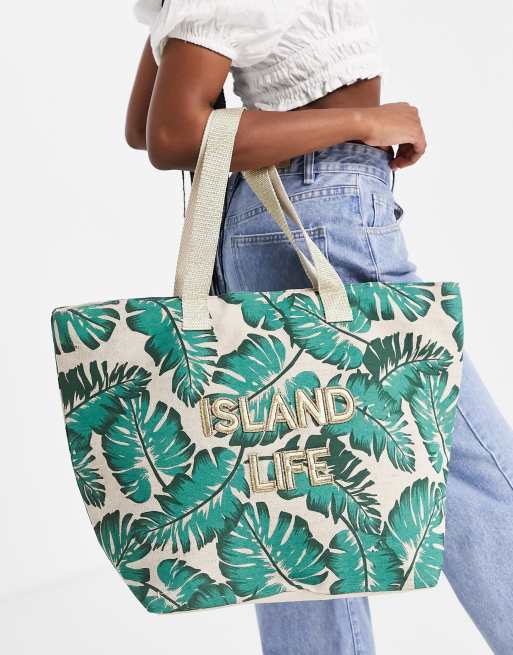Accessorize – Island Life – Tragetasche mit Palmenmuster in Grün