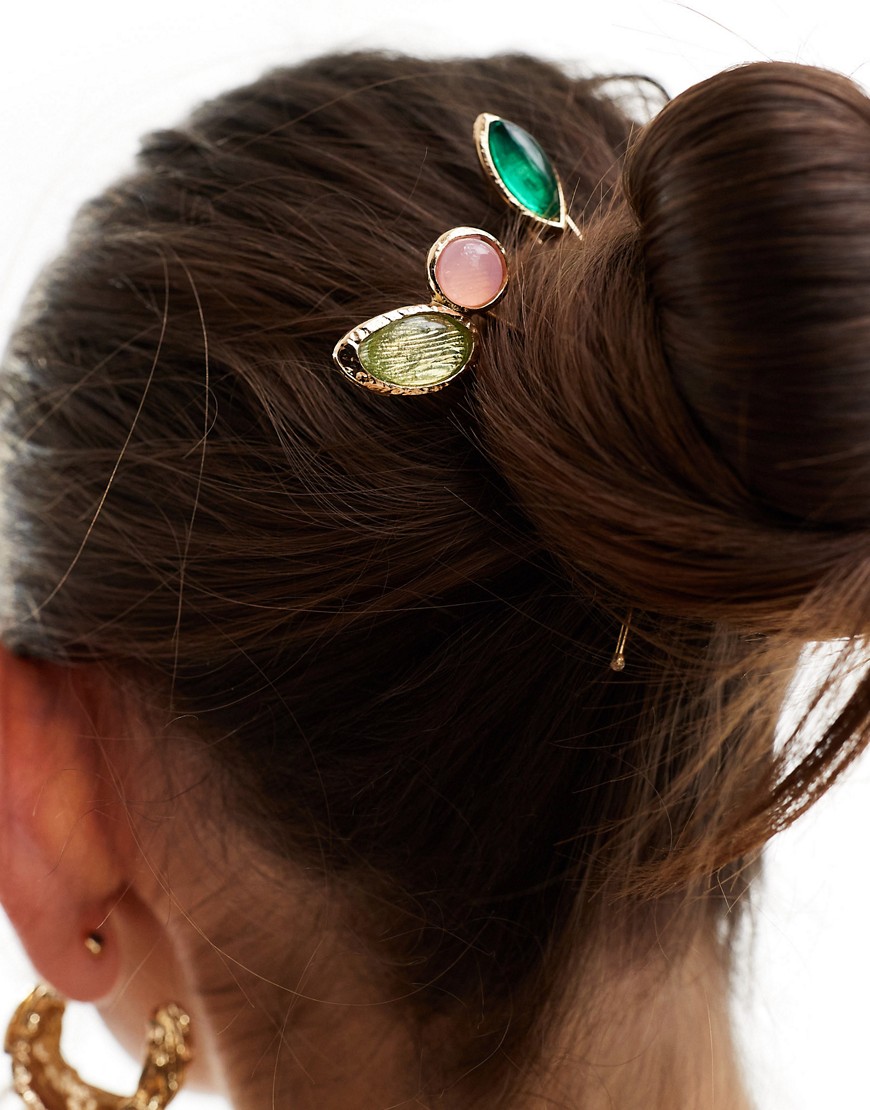 Accessorize jewelled hair pins in green and pink-Multi