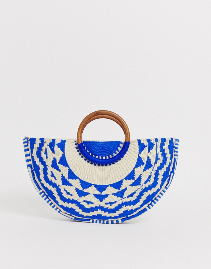 Accessorize Josephina blue woven embroidered moon grab clutch bag with wooden handle-Multi