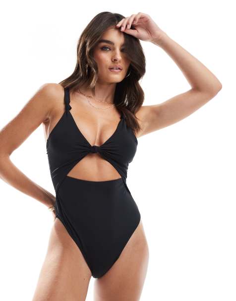 Accessorize knit detail cut out swimsuit in black - view 1