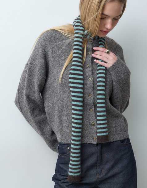 Accessorize knit skinny scarf in brown & turquoise stripes - view 1