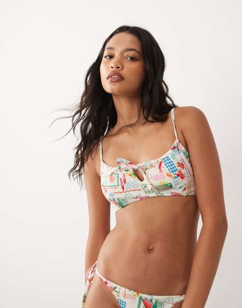 Accessorize postcard print ruched bikini top in multi