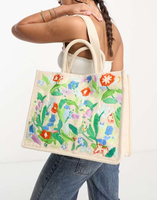 Accessorize – Kremowa płócienna torba typu tote z haftowanym kwiatowym wzorem, 4 z 4