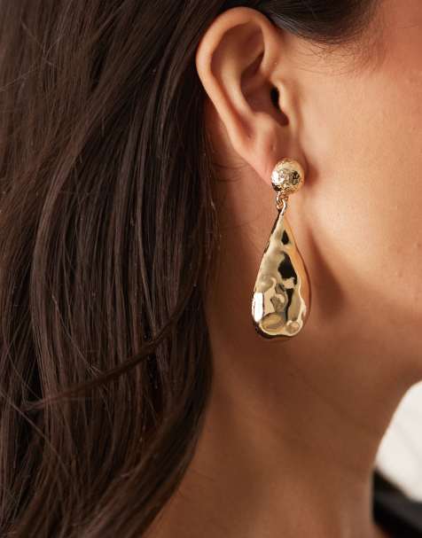 Accessorize large hammered metal drop earrings in gold - view 1