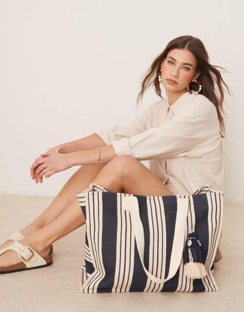 Accessorize large stripe beach tote bag in blue - view 1