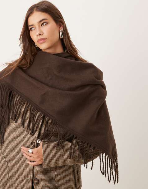 Accessorize large tassle knitted triangle scarf in brown - view 1