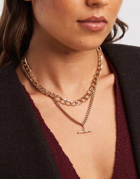Accessorize layered T-bar chain necklace in gold - view 1
