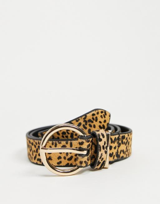 Accessorize leather belt with round gold buckle in leopard | ASOS