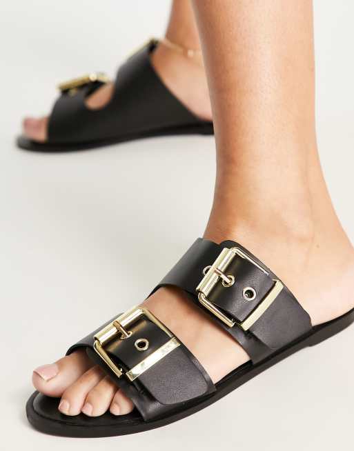 Leather Dual-Buckle Slide Sandals