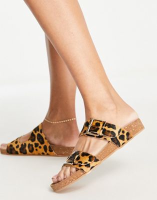 Accessorize leather slide buckle sandals in leopard print