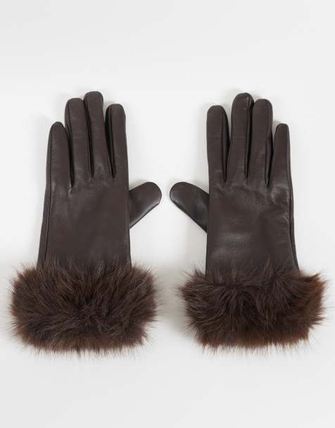 Accessorize Lederhandschuhe mit Kunstpelzbesatz in Schokobraun - view 1