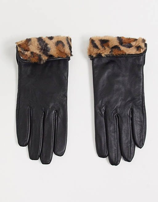 Overvloedig magnetron Trouw Accessorize - Leren handschoenen met rand van imitatiebont van luipaard in  zwart | ASOS