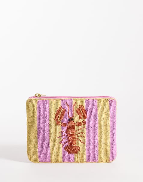 Accessorize lobster stripe beaded pouch purse in pink and yellow - view 1