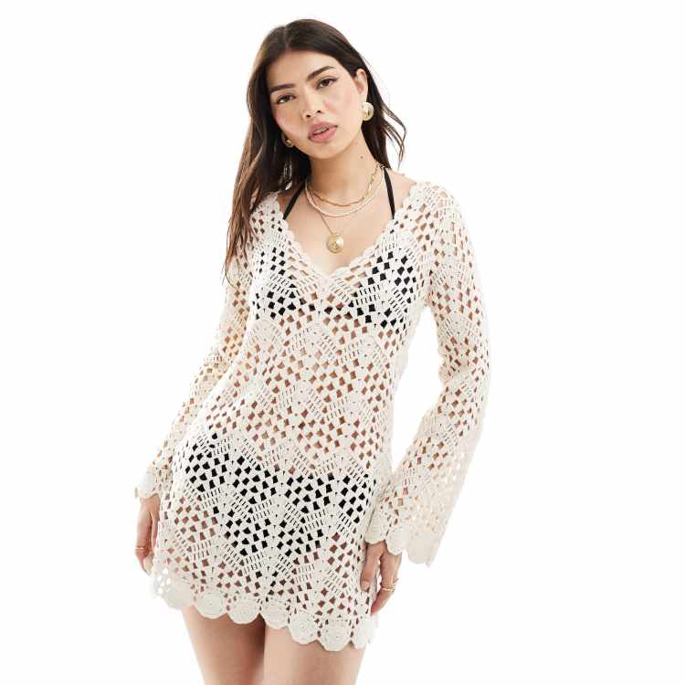 Accessorize long sleeve crochet beach cover up in cream ASOS