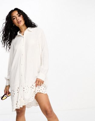 Accessorize long sleeve shirt summer dress with broidery hem in white  - ASOS Price Checker