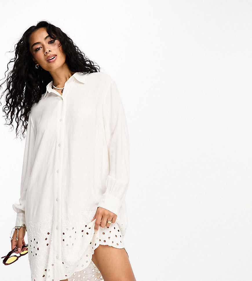 Accessorize long sleeve shirt summer dress with broidery hem in white