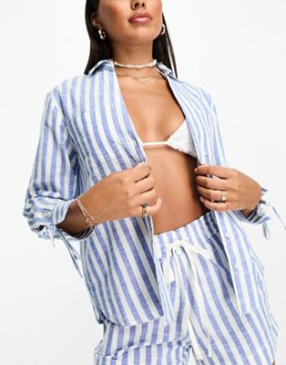 Accessorize long sleeve stripe beach shirt co-ord in blue & white