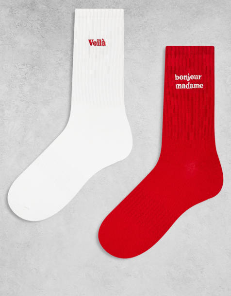 Accessorize - Lot de 2 paires de chaussettes à slogan brodé - Rouge et blanc - view 1