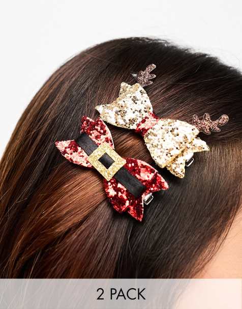 Accessorize - Lot de 2 pinces à cheveux de Noël en forme de nœuds brillants - Rouge et doré - view 1