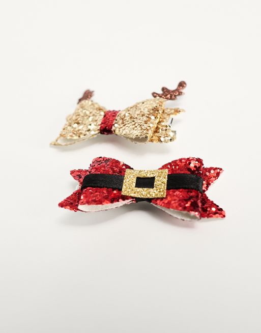 Accessorize - Lot de 2 pinces à cheveux de Noël en forme de nœuds brillants - Rouge et doré, 2 de 4