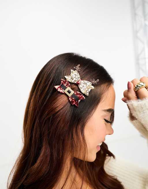 Accessorize - Lot de 2 pinces à cheveux de Noël en forme de nœuds brillants - Rouge et doré, 3 de 4