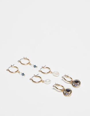 Accessorize 3 pack gem huggie set in gold/blue - ASOS Price Checker