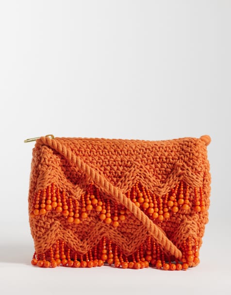 Accessorize - Macramé crossbody tas met kralen in oranje - view 1
