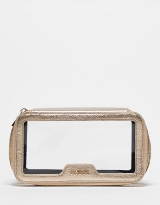 makeup and toiletry bag in clear and gold