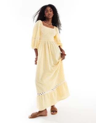 Accessorize - Maxi-Strandkleid in Orange mit Puffärmeln und Vichy-Karo