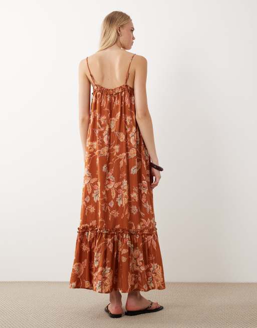 Accessorize – Maxikleid in Rostrot mit Blumenmuster und Rüschen, 4 von 4