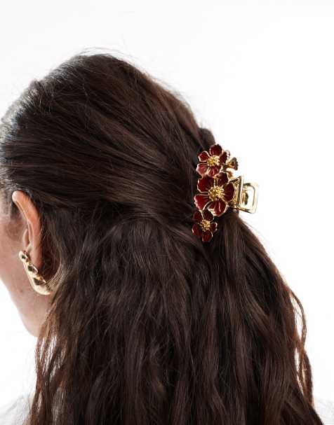 Accessorize Megan flower metal hair claw in burgundy - view 1