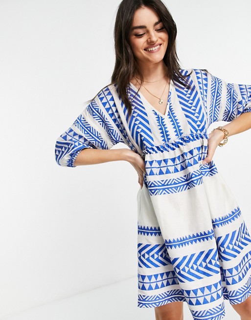 Accessorize mini smock beach dress in white and blue pattern
