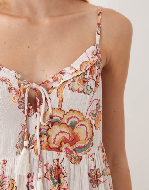 Accessorize – Mini-Strandkleid in Elfenbeinweiß mit Blumenmuster und Bindedetail vorne, 4 von 4