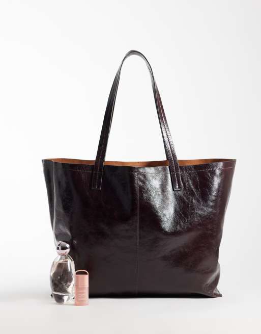 Accessorize minimal high shine tote bag in chocolate, 3 of 4