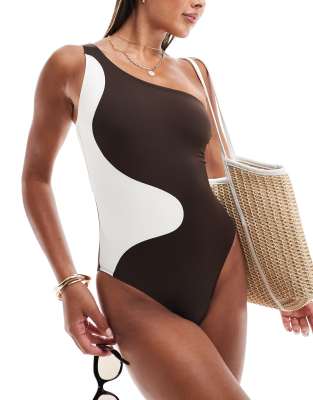 monochrome swirl one shoulder swimsuit in brown and cream-Black