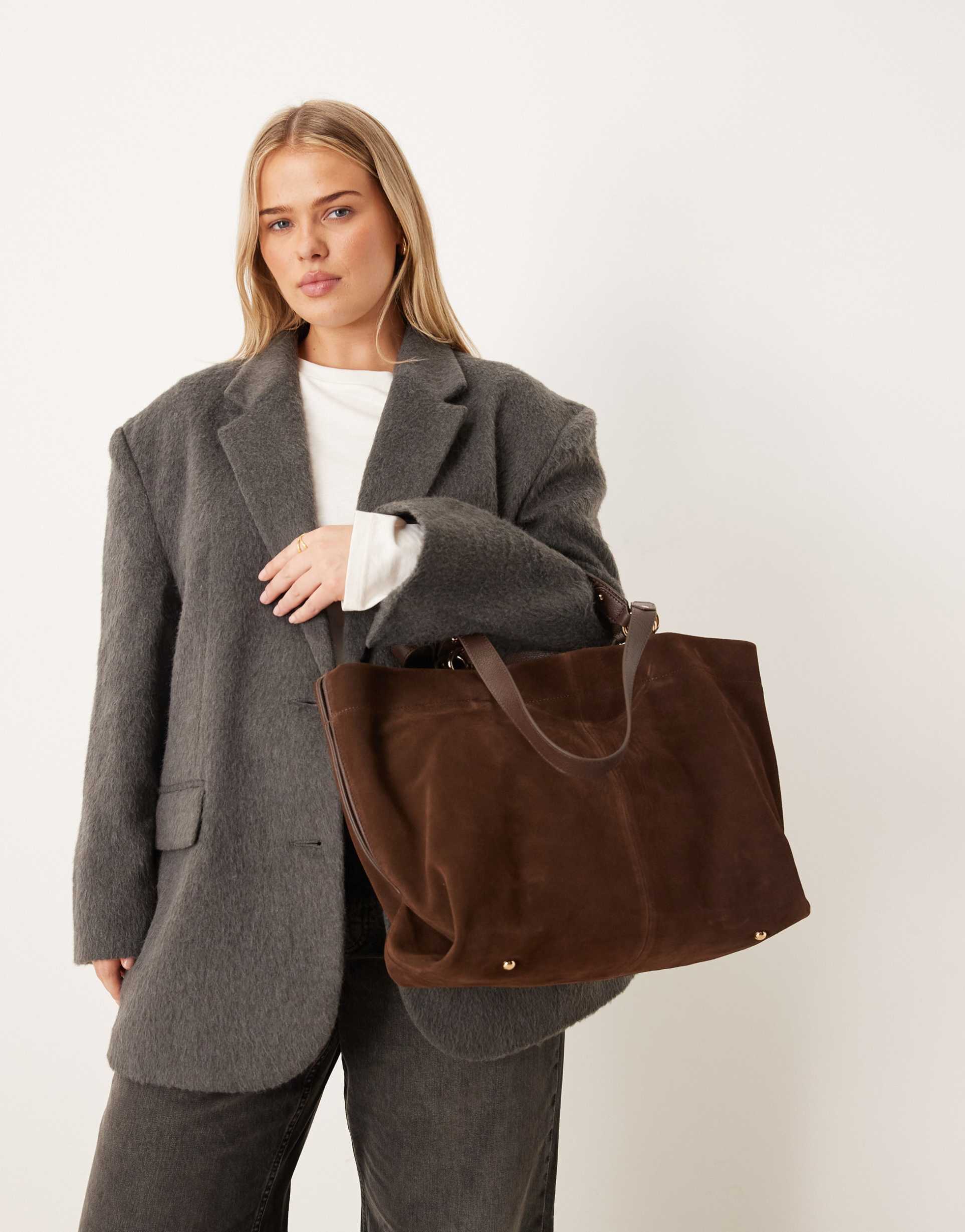 accessorize multi handle suede tote bag in chocolate