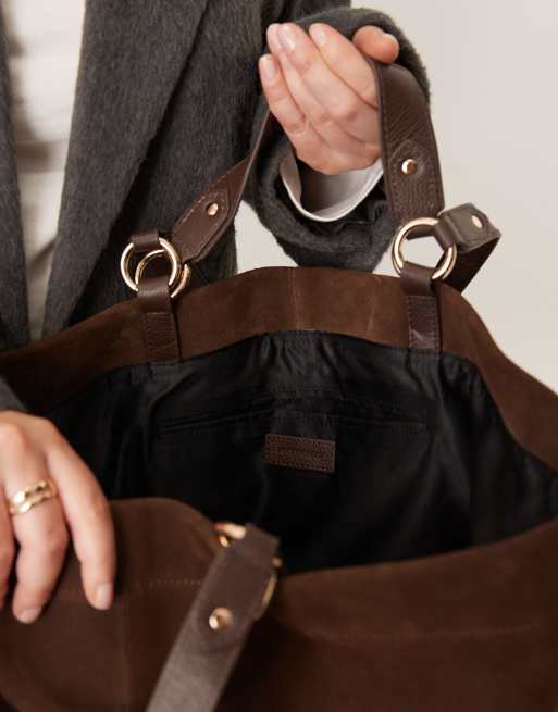 Accessorize multi handle suede tote bag in chocolate, 4 of 4