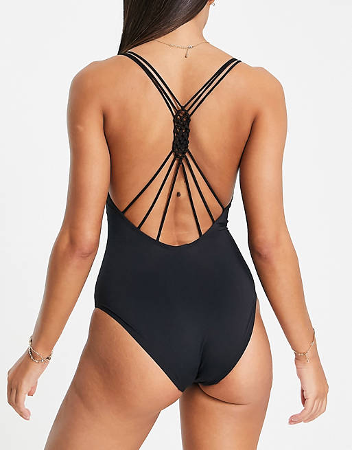 Accessorize multi strap back detail swimsuit in black 