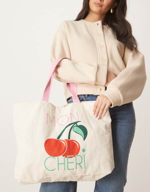 Accessorize - Multifarvet tote-taske i shopper-stil med kirsebærdetalje og 'Mon Cheri'-print