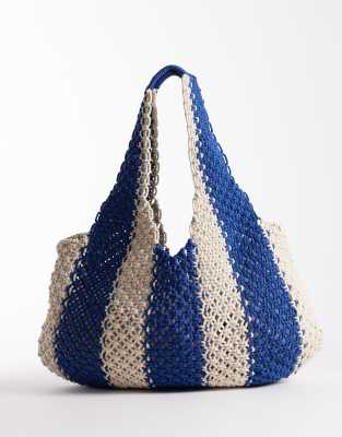 nautical striped macramé shoulder bag in blue and beige