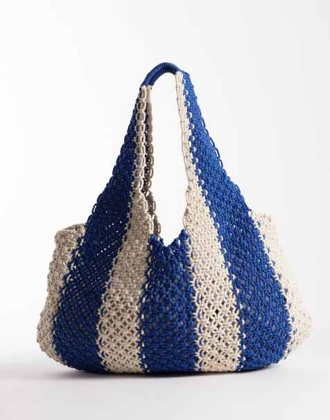 Accessorize nautical striped macramé shoulder bag in blue and beige - view 1