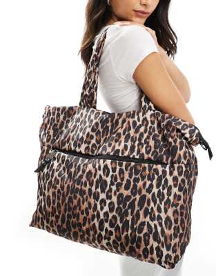 Accessorize Accessorize nylon small tote bag with top handle and cross body strap in leopard print-Multi