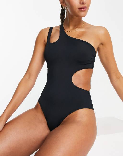 Accessorize one shoulder cut out swimsuit in black ASOS