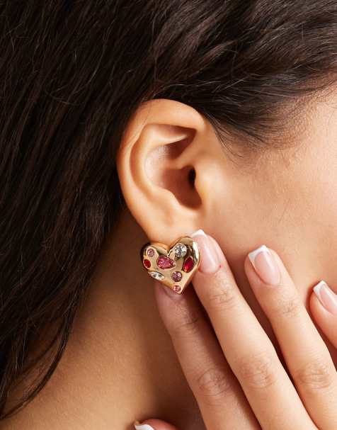 Accessorize - Orecchini a bottone tonalità oro a forma di cuore con pietre - view 1