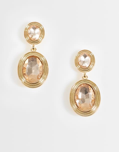 Accessorize oval crystal double drop earrings in gold - view 1