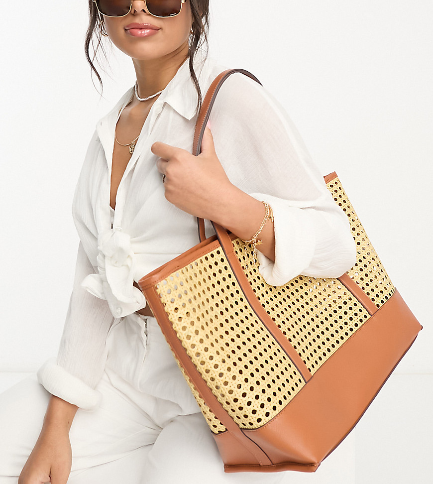 Accessorize oversized straw beach tote bag in contrast tan and beige-Multi