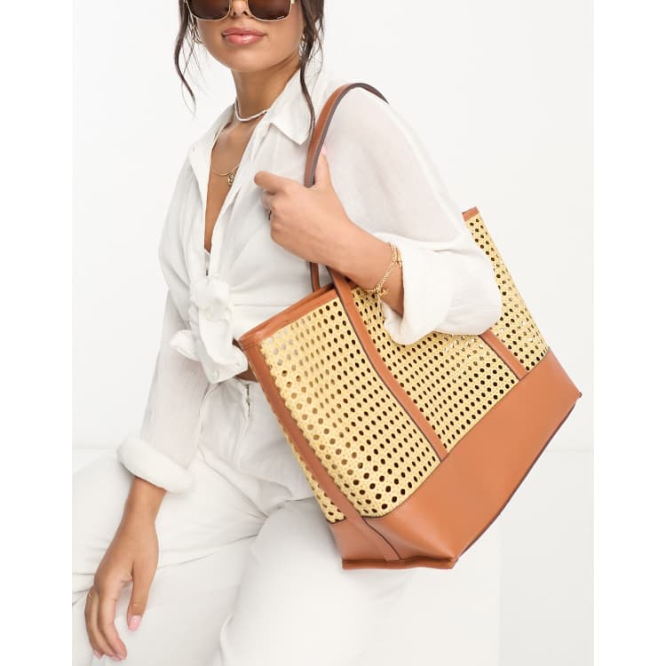 Accessorize oversized straw beach tote bag in contrast tan and beige ASOS