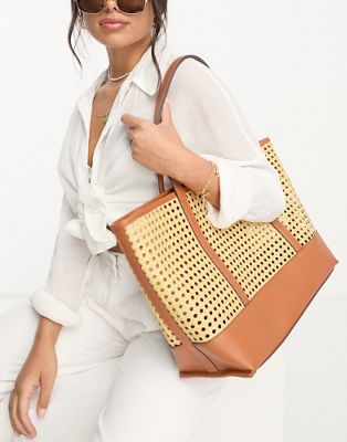 Accessorize oversized straw beach tote bag in contrast tan and beige